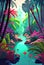 Fantasy jungle landscape with river, palm trees and flowers, cartoon illustration