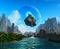 Fantasy landscape, alien Planet with mountains, River and a big Moon, Flying Stone with medieval castle, 3d illustration