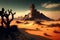 Fantasy landscape with ancient castle in the desert. 3d render