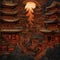 Fantasy landscape of ancient Chinese town with wooden houses, clouds and moon