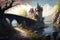 Fantasy landscape with castle, bridge and lake. Digital painting. Generative AI