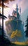 Fantasy landscape, castle in the forest, concept illustration, generative ai, these depiction is fictitious and generated