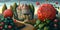 Fantasy landscape with castle and red roses in the garden - cartoon illustration for children