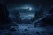Fantasy landscape with fantasy alien planet and full moon. 3d rendering, minimalist photography, ice ruins, intricate, night, high
