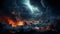 Fantasy landscape of fiery planet with glowing stars, nebulae, colorful massive clouds and falling asteroids. Digital artwork