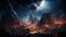 Fantasy landscape of fiery planet with glowing stars, nebulae, colorful massive clouds and falling asteroids. Digital artwork