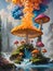 Fantasy landscape with fly agaric mushrooms