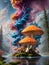 Fantasy landscape with fly agaric mushrooms