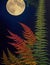 Fantasy landscape with a full moon, fern and a bee. AI Generated