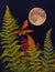 Fantasy landscape with a full moon, fern and a bee. AI Generated
