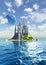 Fantasy landscape with a futuristic city, alien Planetary system, Sea and clouds, 3d illustration
