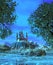 Fantasy landscape, Island with a Castle near a lake, forest and Blue Sky with clouds, 3d illustration