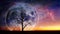 Fantasy landscape - Lonely bare tree silhouette with huge planet