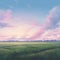 Fantasy landscape with meadow and sunset sky. 3d rendering