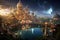 Fantasy landscape with mosque, bridge and river at night. 3D rendering, An enchanting and dynamic realm and mesmerizing city, AI