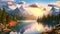 Fantasy landscape with mountain lake and forest. Digital painting illustration, Beautiful lake landscape with green trees,