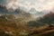 Fantasy landscape with mountain and meadow. Magic hills. Mystic Mountain Landscape. Generative AI