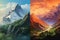 Fantasy landscape with mountains and blue sky. 3d illustration, Stunning painted mountains with a realistic art style, AI