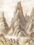 Fantasy landscape with mountains in sepia colour. Hand-drawn ill