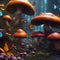 Fantasy landscape with mushroom and butterflies in a mysterious dreamy woodland. Concept of magic, imagination