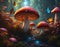 Fantasy landscape with mushroom and butterflies in a mysterious dreamy woodland. Concept of magic, imagination