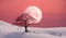 fantasy landscape, one tree on a snowy hillside, against a pink sky and a big moon