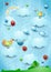 Fantasy landscape with rain, birds, balloons and flying fisches