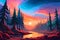 Fantasy landscape with river and forest at sunset. Vector illustration, beautiful pine tree forest, generative ai