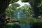 Fantasy landscape with a river and a tree. 3D rendering, Game background: In 10,000 BC, the forests surrounding lakes were