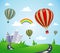 Fantasy landscape with road and hot air balloon