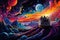 Fantasy landscape with ship and planets in space. 3d illustration, Stellar Odyssey: A Psychedelic Voyage Through Space, AI