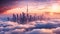 Fantasy landscape with skyscrapers in the clouds. 3d render, Dubai sunset view of downtown covered with clouds, AI Generated