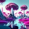 Fantasy landscape with surreal mushrooms. 3d rendering, 3d illustration. AI generated