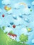 Fantasy landscape with tree, birds, balloons and flying fishes