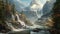 Fantasy landscape with waterfall in the mountains. 3d illustration, waterfall in the mountains, AI Generated
