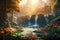 Fantasy landscape with waterfalls at sunset. Generative AI