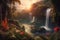 Fantasy landscape with waterfalls at sunset. Generative AI