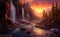 Fantasy landscape with waterfalls, sunset panorama. Generative AI