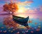 fantasy leaves a boat on a calm lake for a storybook calm lake.