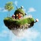 Fantasy little rocky planet with cosy cottage floating in the sky