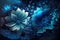 Fantasy luminous flowers, Beautiful top view of blue fantasy luminous flowers on floral background