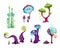 Fantasy magic mushrooms various shapes cartoon vector illustration isolated.