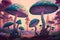 Fantasy magic pink purple mushrooms. Alien forest world. Generative AI