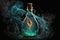 Fantasy magic potion in bottle with fire and smoke on black background