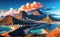 Fantasy Magical Cityscape the foot of mountains landscape artwork. For Children\\\'s book, story, fairy tale