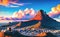 Fantasy Magical Cityscape the foot of mountains landscape artwork. For Children\\\'s book, story, fairy tale