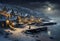 fantasy medieval seaside town in winter at night with ancient timber framed buildings covered in snow and full moon with stars