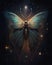 Fantasy moth and stars in midnight sky background. Mystic night butterfly with big wings as concept for Magic Day. Generative AI