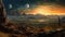 Fantasy mountain landscape on cosmic alien planet with starry sky. Picturesque