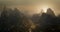 Fantasy mountain range with dramatic lighting and mysterious mist.